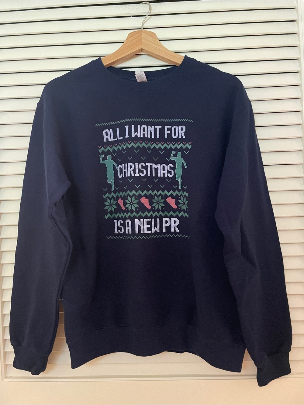 Jerzees Navy Crewneck Christmas Sweatshirt with Green and Pink Motif